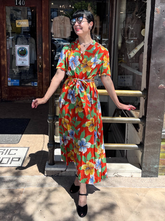 1940s Cold Rayon Tropical Floral Printed Dress
