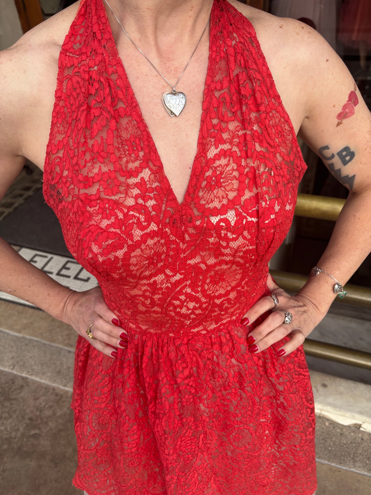 1950s Red and White Lace Party Dress