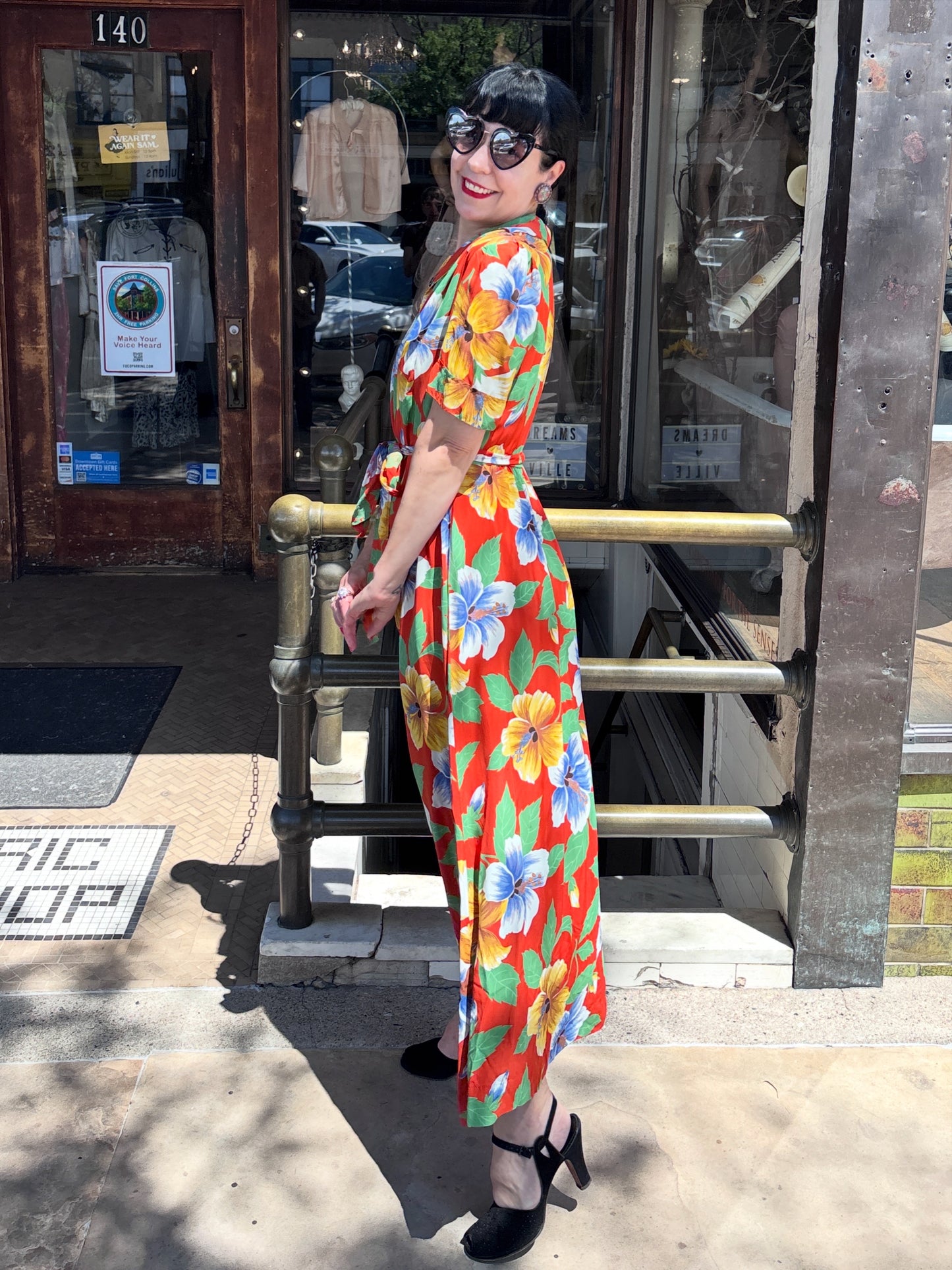 1940s Cold Rayon Tropical Floral Printed Dress