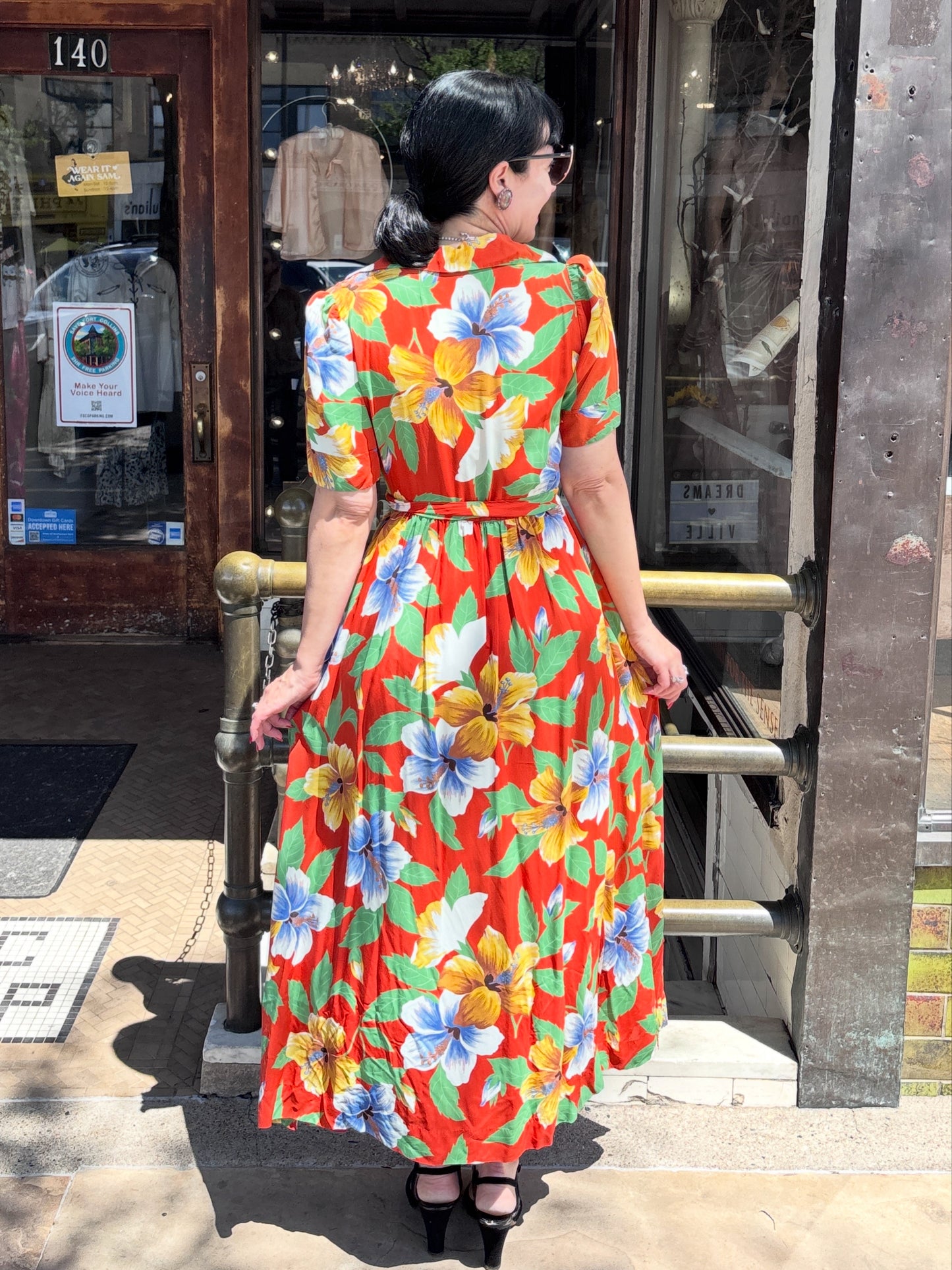 1940s Cold Rayon Tropical Floral Printed Dress