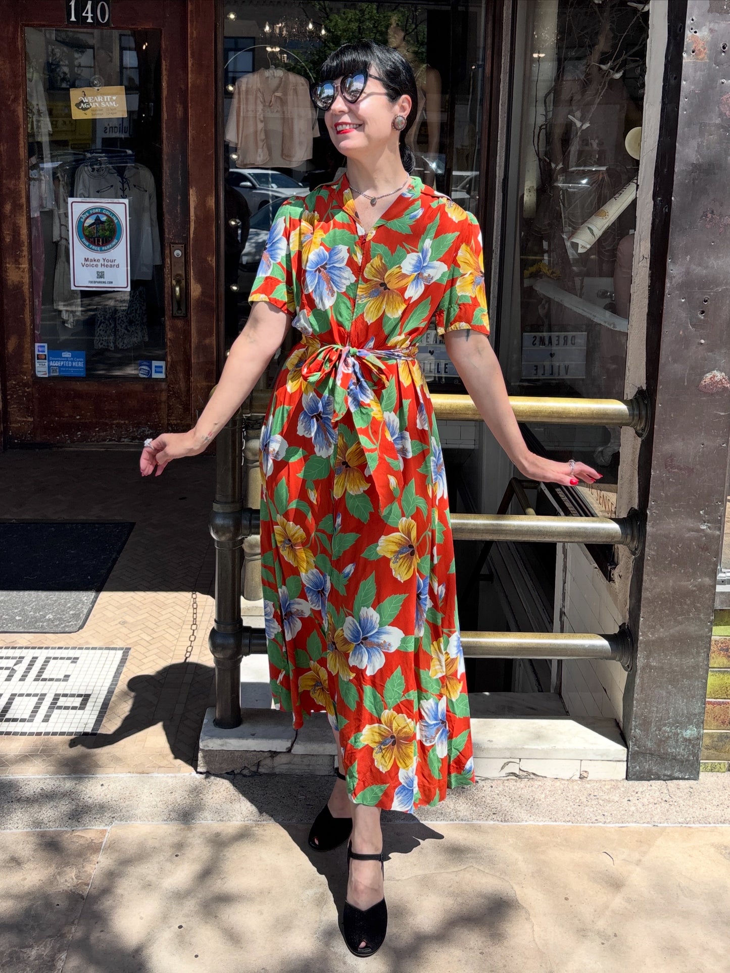 1940s Cold Rayon Tropical Floral Printed Dress