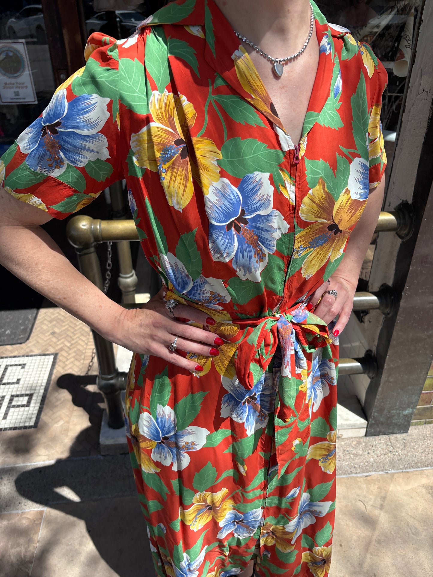1940s Cold Rayon Tropical Floral Printed Dress