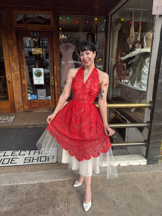 1950s Red and White Lace Party Dress