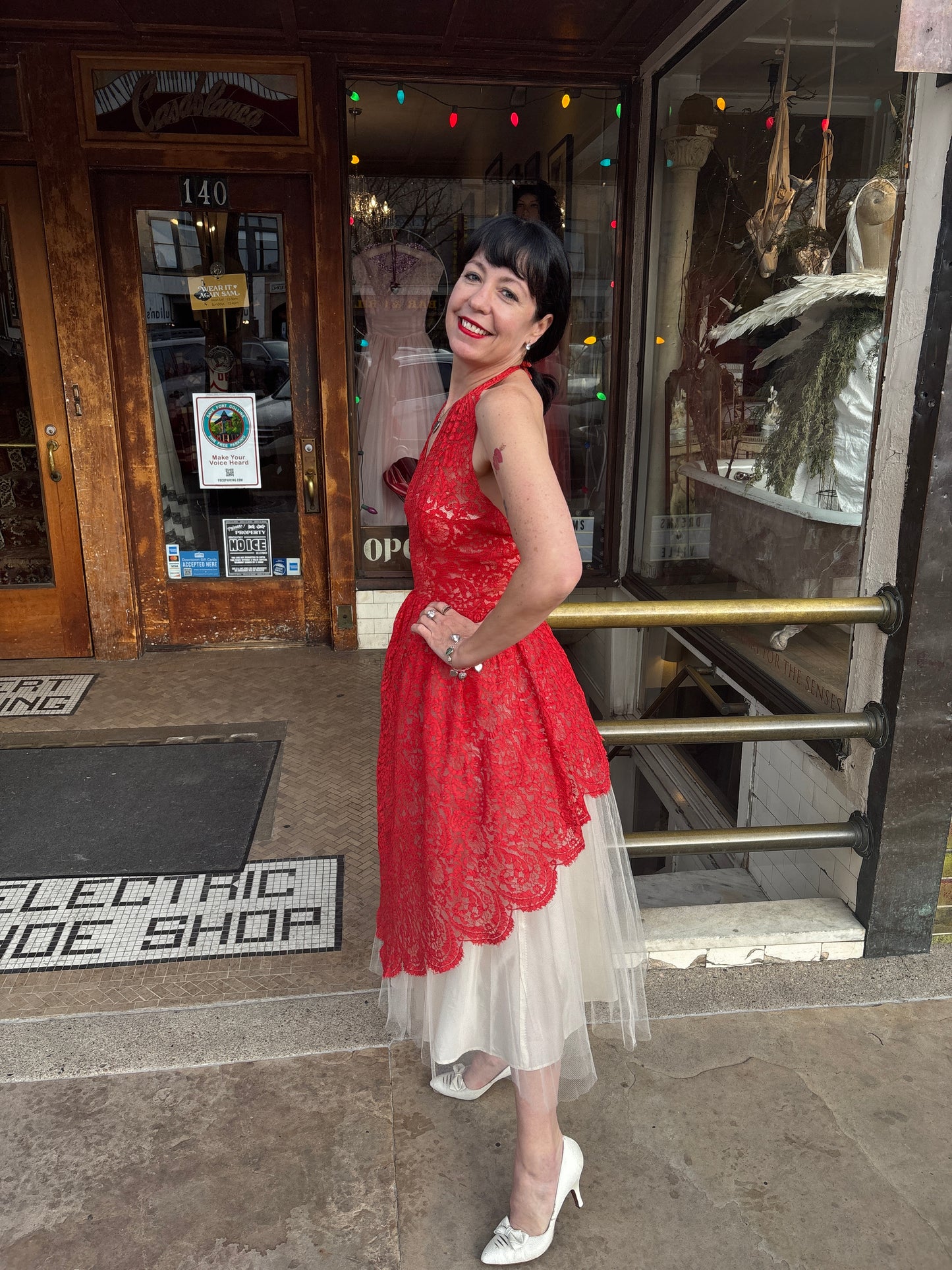 1950s Red and White Lace Party Dress