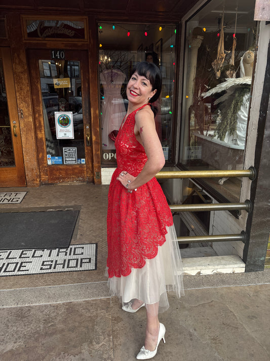 1950s Red and White Lace Party Dress