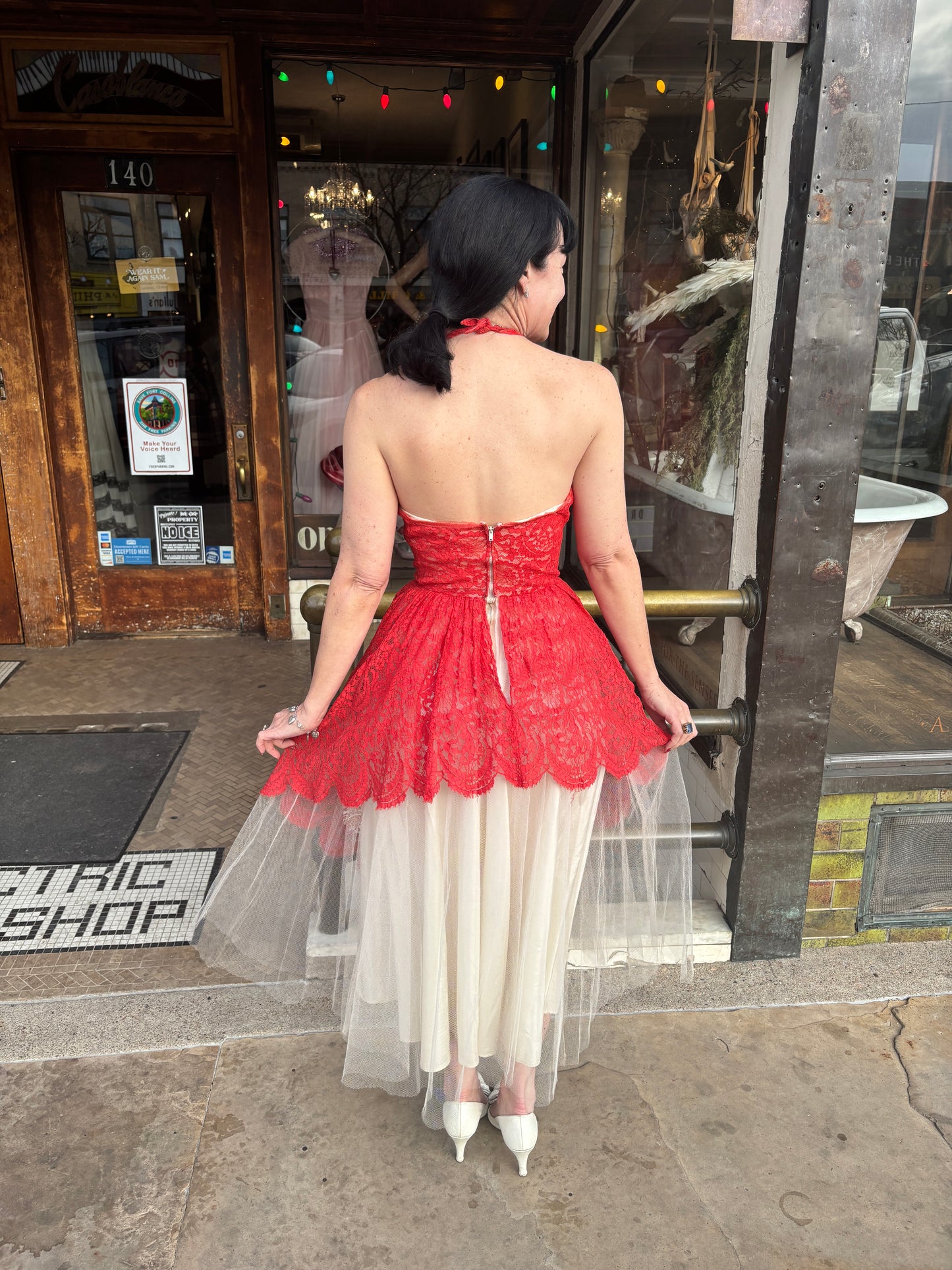 1950s Red and White Lace Party Dress