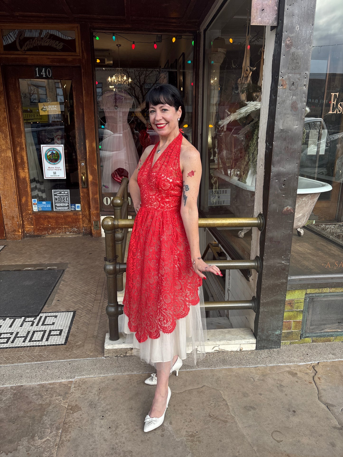 1950s Red and White Lace Party Dress