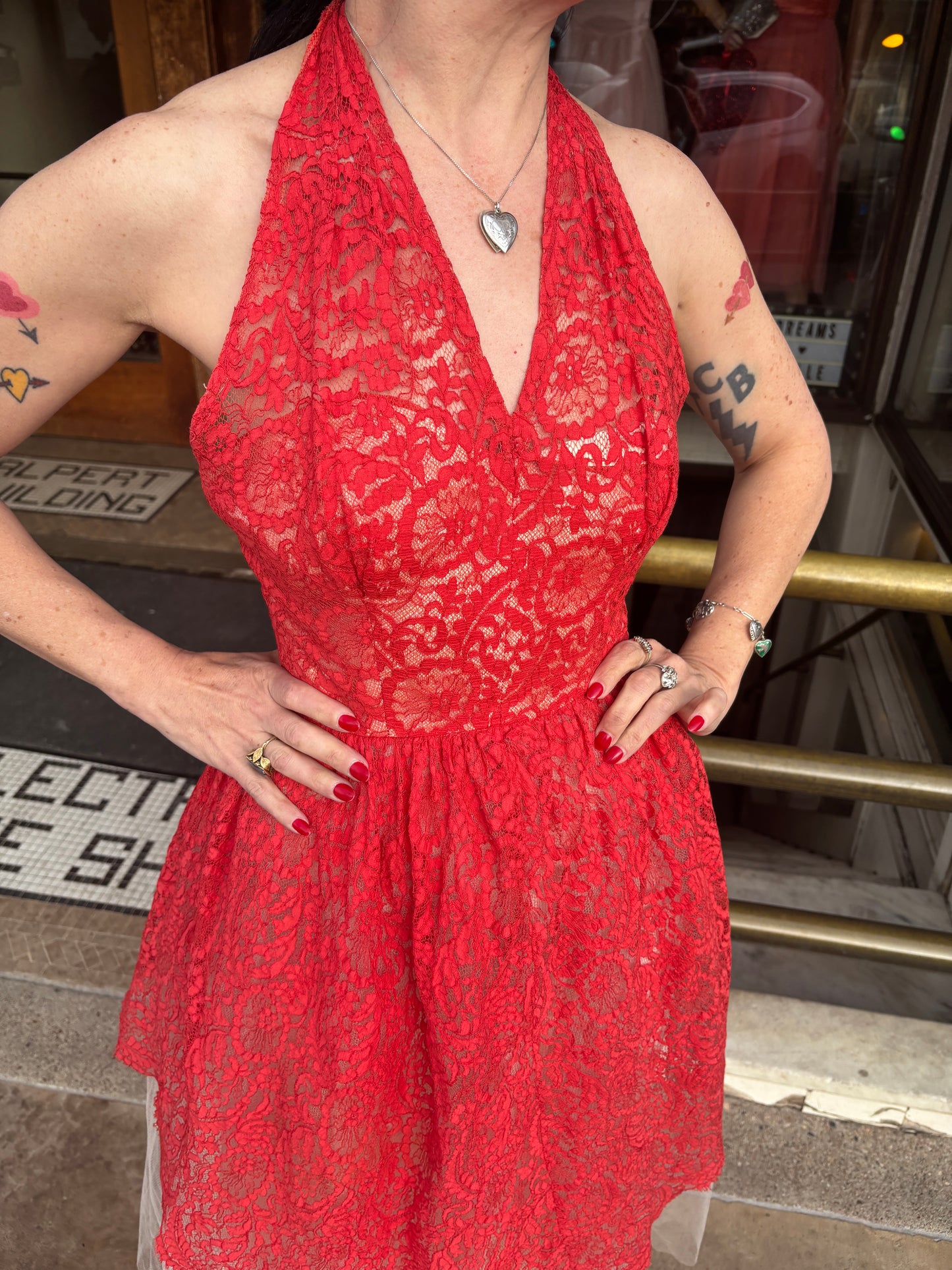 1950s Red and White Lace Party Dress